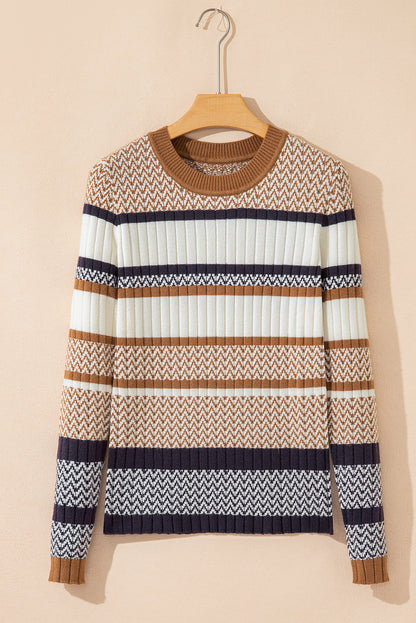 Brown Stripe Chevron Pattern Knitted Ribbed Trim Slim Fit Sweater