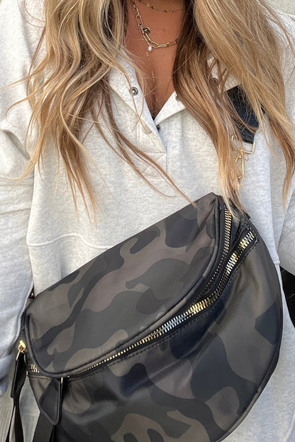Green Camouflage Print Double Zipper Crossbody Bag