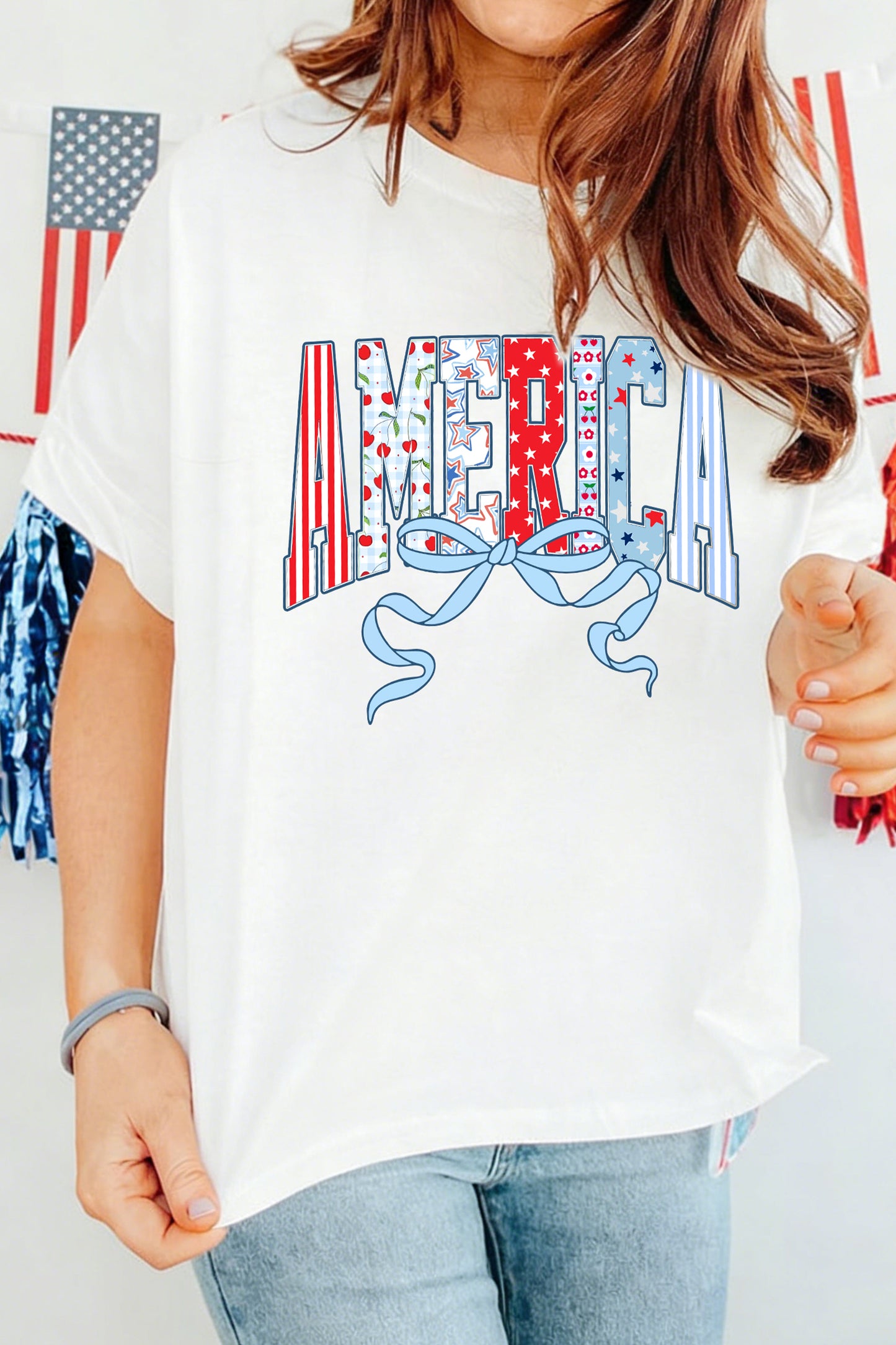 White Coquette AMERICA Printed Half Sleeve Loose Tee