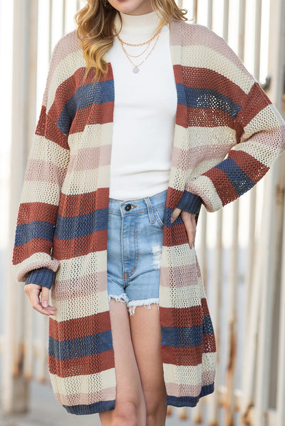 Dark Blue Color Block Striped Cut Out Knit Cardigan