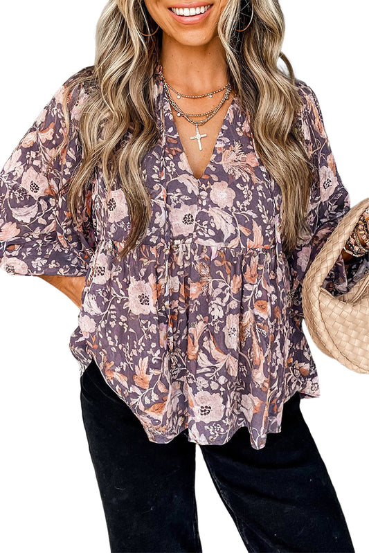 Blue Boho Floral Print 3/4 Sleeve Babydoll Blouse