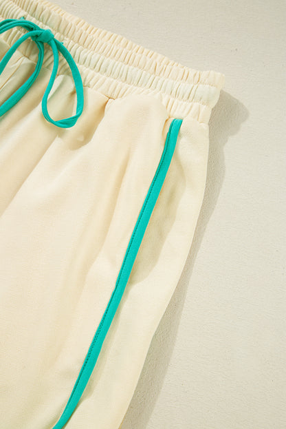 White Contrast Trim Colorblock Long Sleeve Pullover and Drawstring Shorts Set