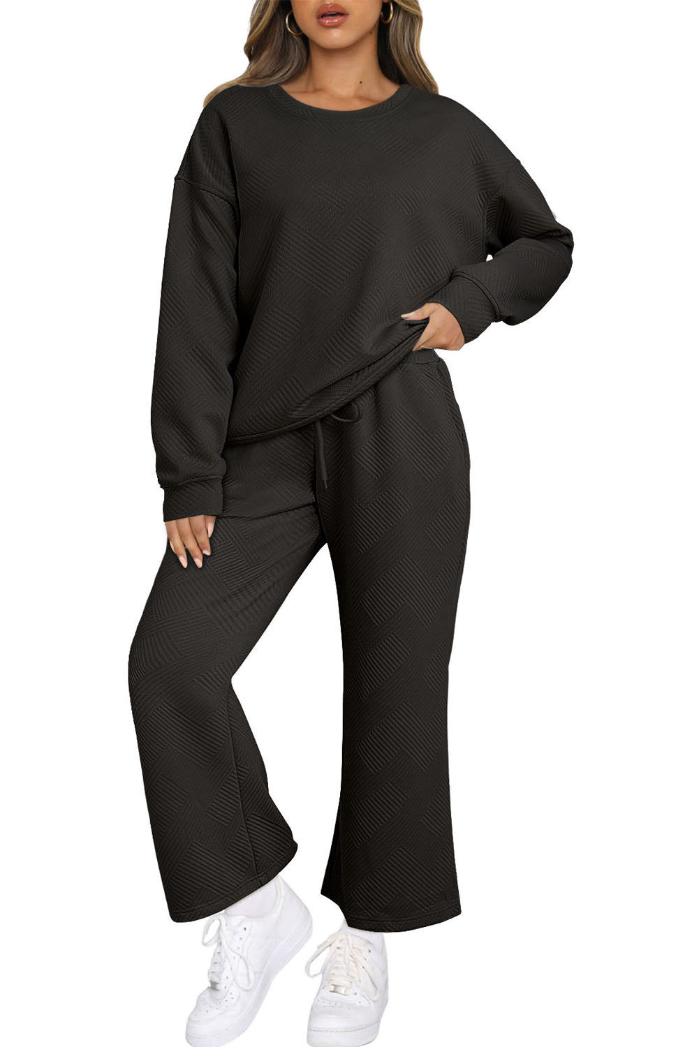 Red Dahlia Textured Loose Slouchy Long Sleeve Top and Pants Set