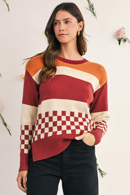 Brown Checkered Colorblock Knitted Drop Shoulder Sweater