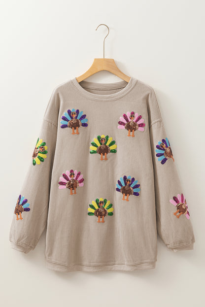 Smoke Gray Turkey Patch Application Graphic Corded Baggy Sweatshirt