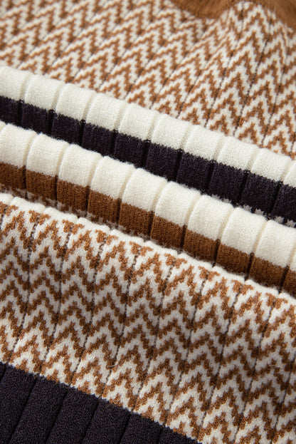 Brown Stripe Chevron Pattern Knitted Ribbed Trim Slim Fit Sweater