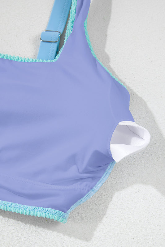 Sky Blue Corded Colorblock Square Neck Bikini Swimsuit