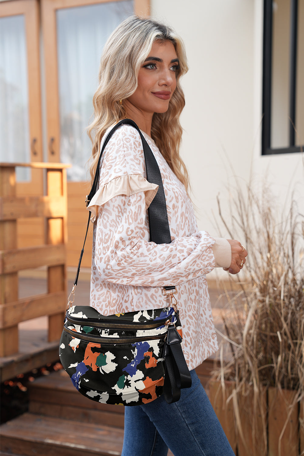 Green Camouflage Print Double Zipper Crossbody Bag