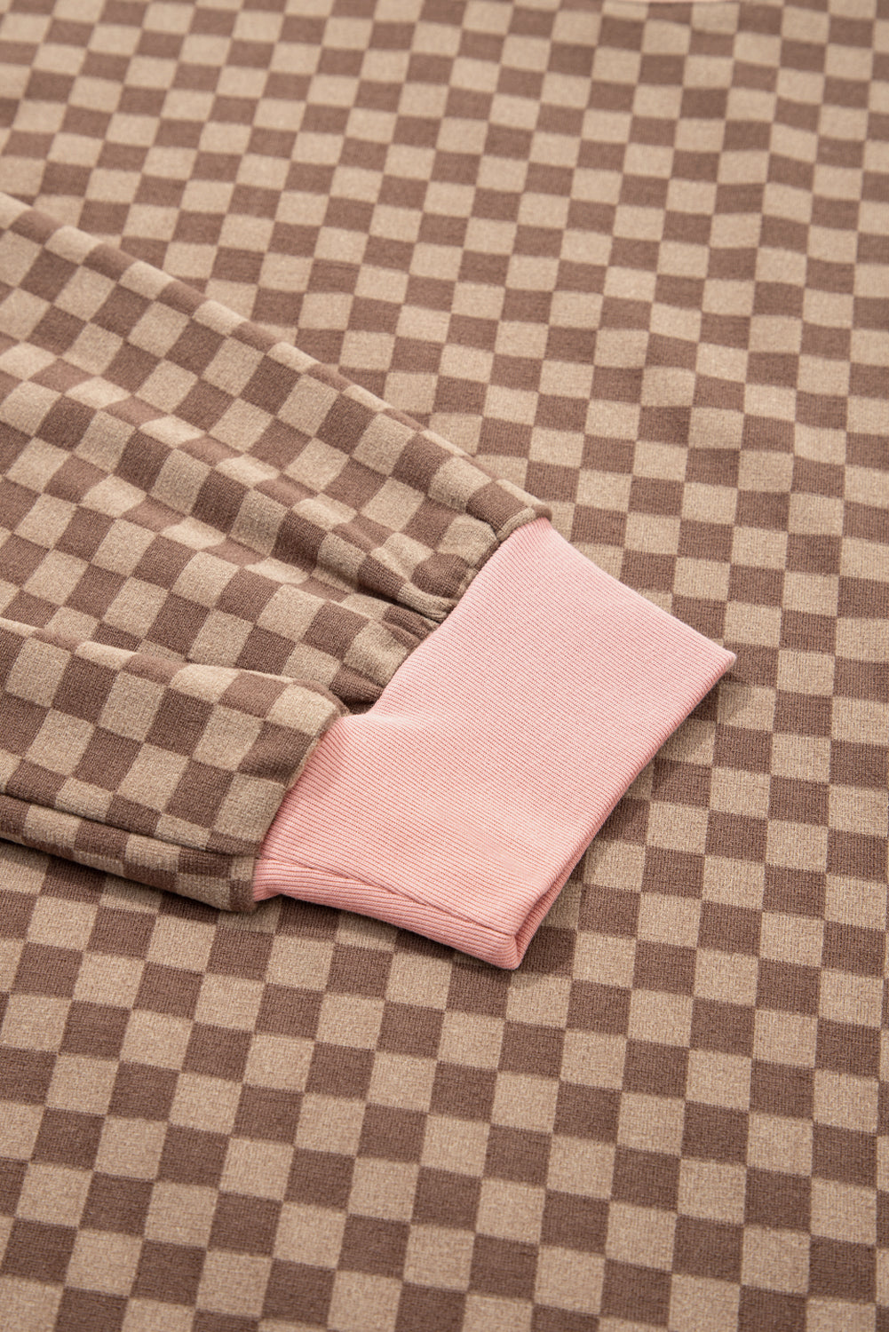 Brown Checkerboard Contrast Trim Long Sleeve Pullover and Shorts Set