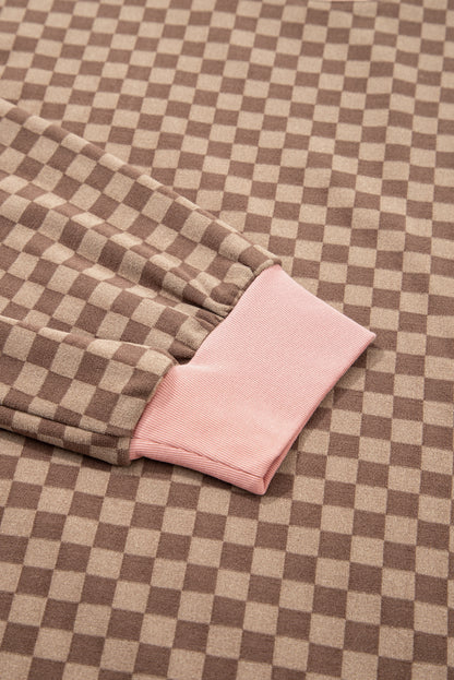 Brown Checkerboard Contrast Trim Long Sleeve Pullover and Shorts Set