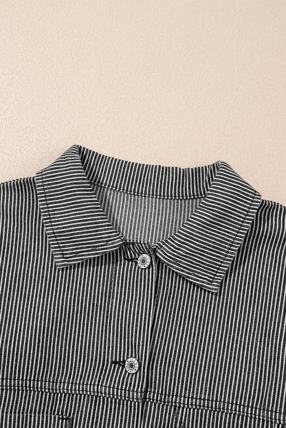Blue Stripe Washed Oversized Pocketed Denim Jacket