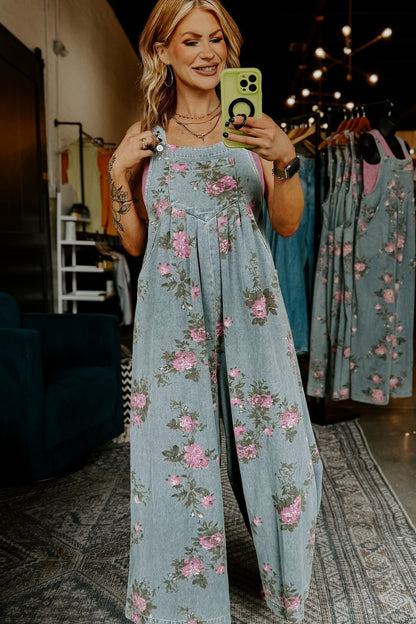 Beau Blue Floral Print Pleated High Waist Wide Leg Denim Jumpsuit