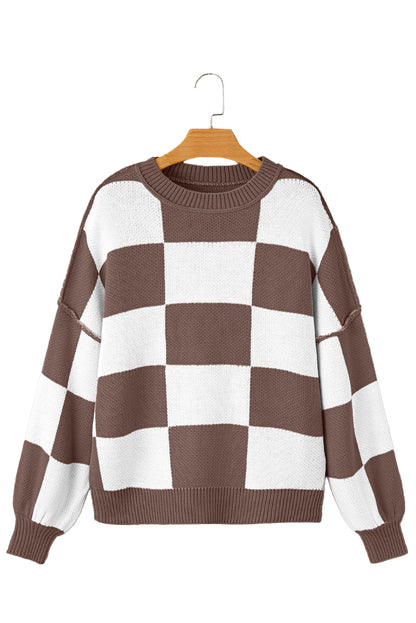 Dark Brown Plaid Bishop Sleeve Pullover Sweater