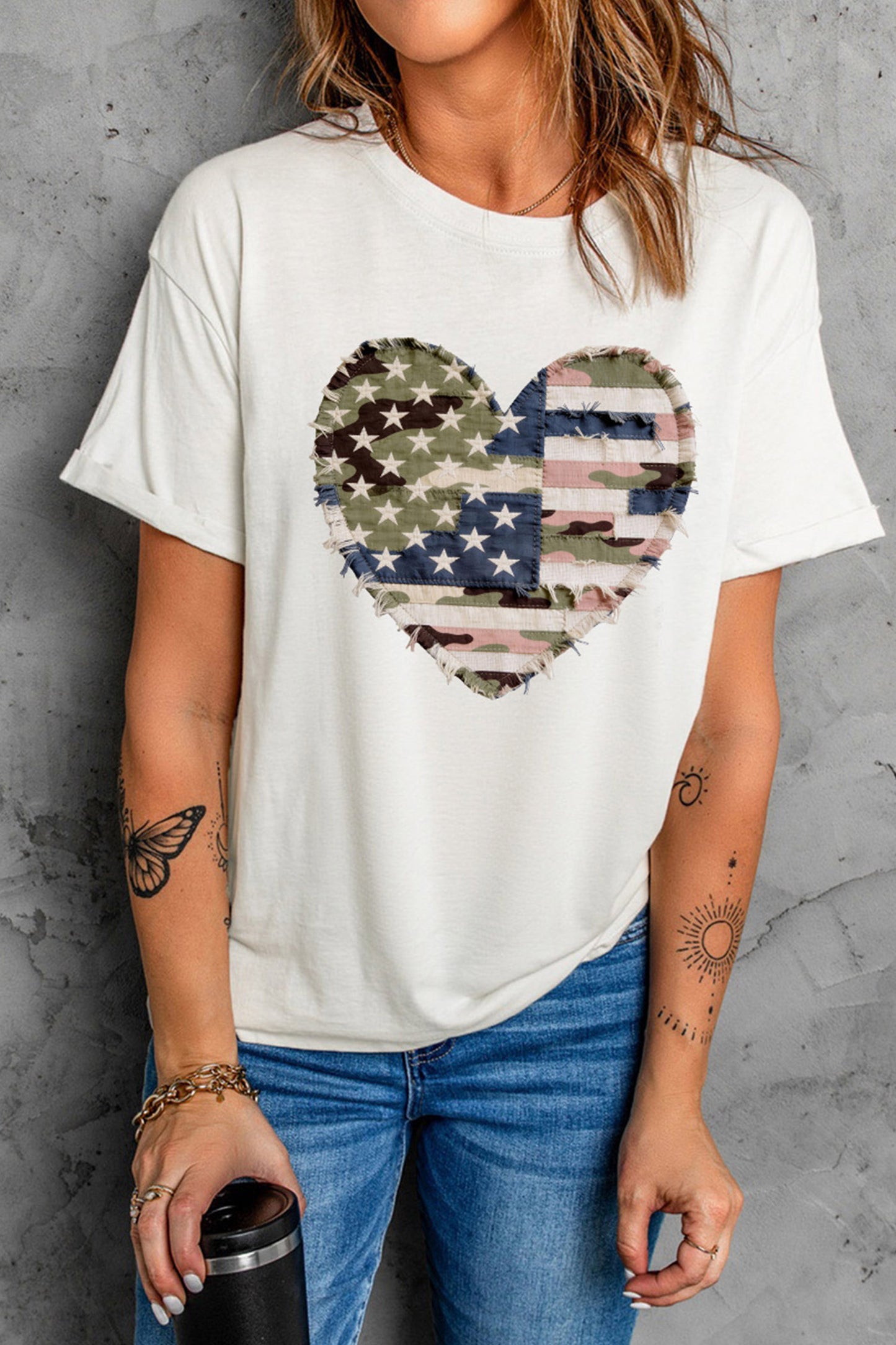 White Patriotic Heart Graphic Tee with USA Flag and Camo Print