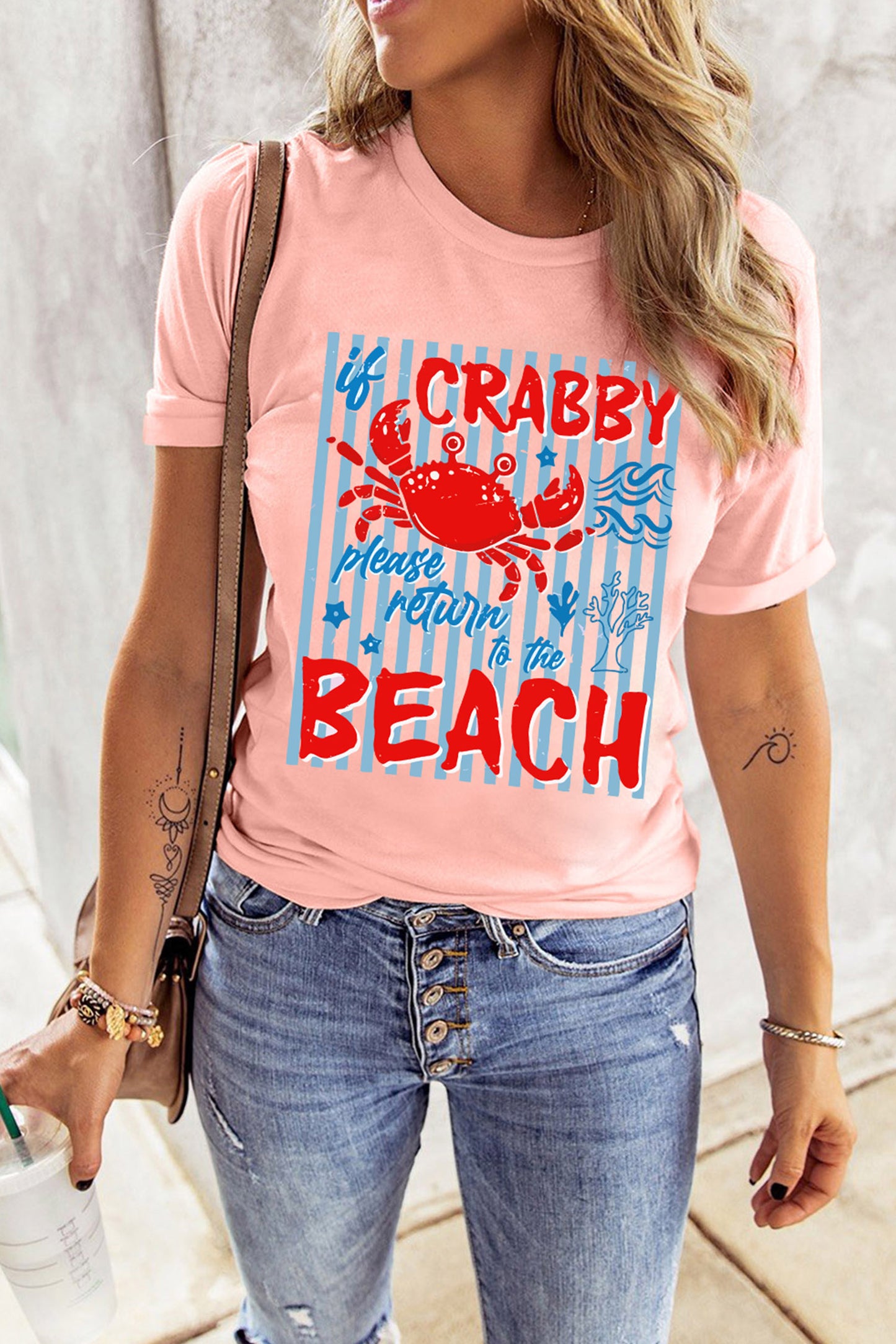 Pink CRABBY BEACH Striped Print Casual T Shirt