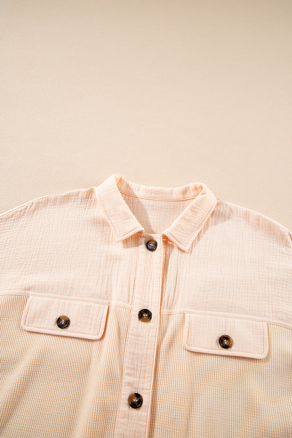 Beige Waffle Crinkle Patchwork Short Batwing Sleeve Shirt