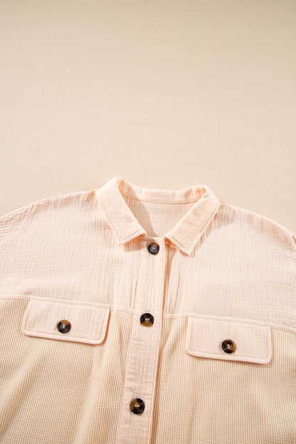 Beige Waffle Crinkle Patchwork Short Batwing Sleeve Shirt