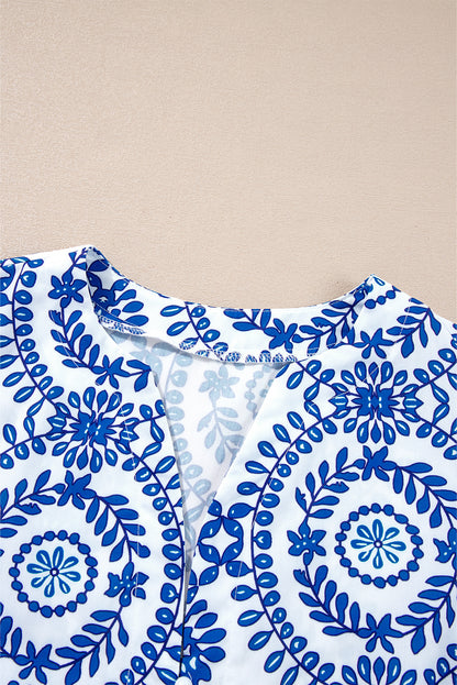Sky Blue V Neck Puff Sleeve Boho Blouse