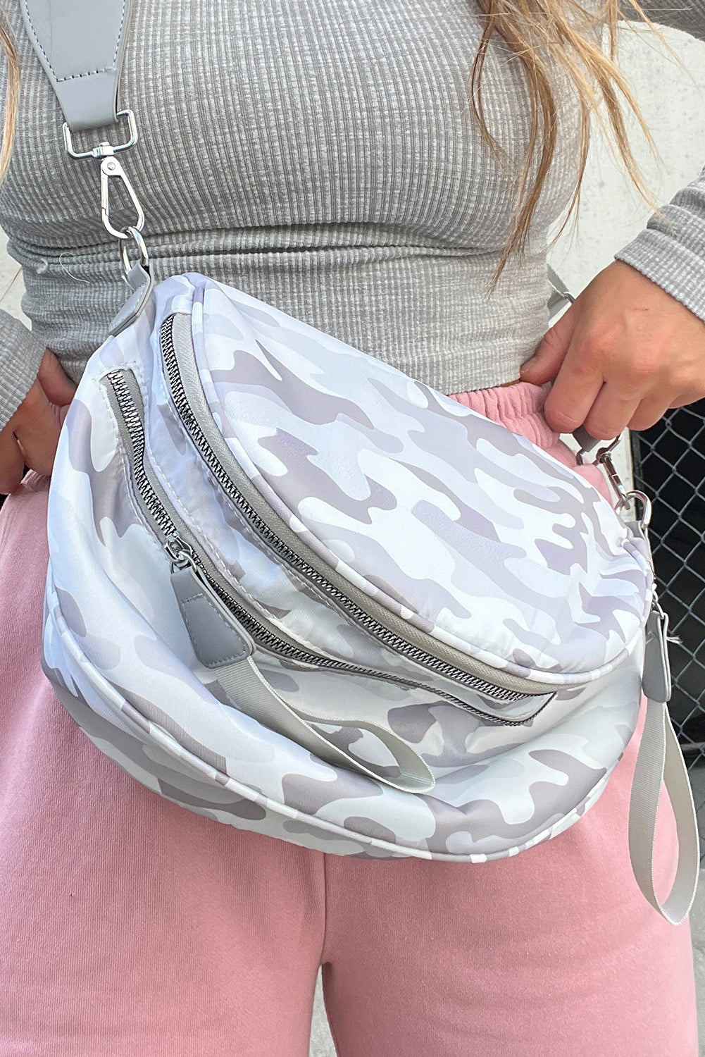 Green Camouflage Print Double Zipper Crossbody Bag