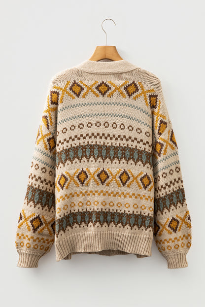 Khaki Geometric Pattern Button V Neck Cardigan