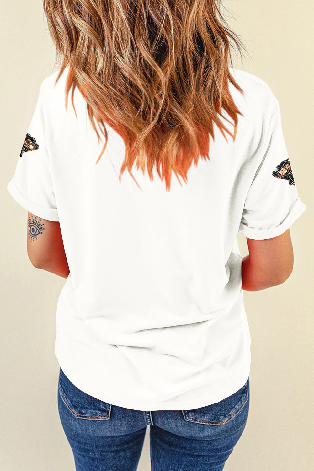Khaki Turkey Sequin Patch Application Round Neck Graphic Tee