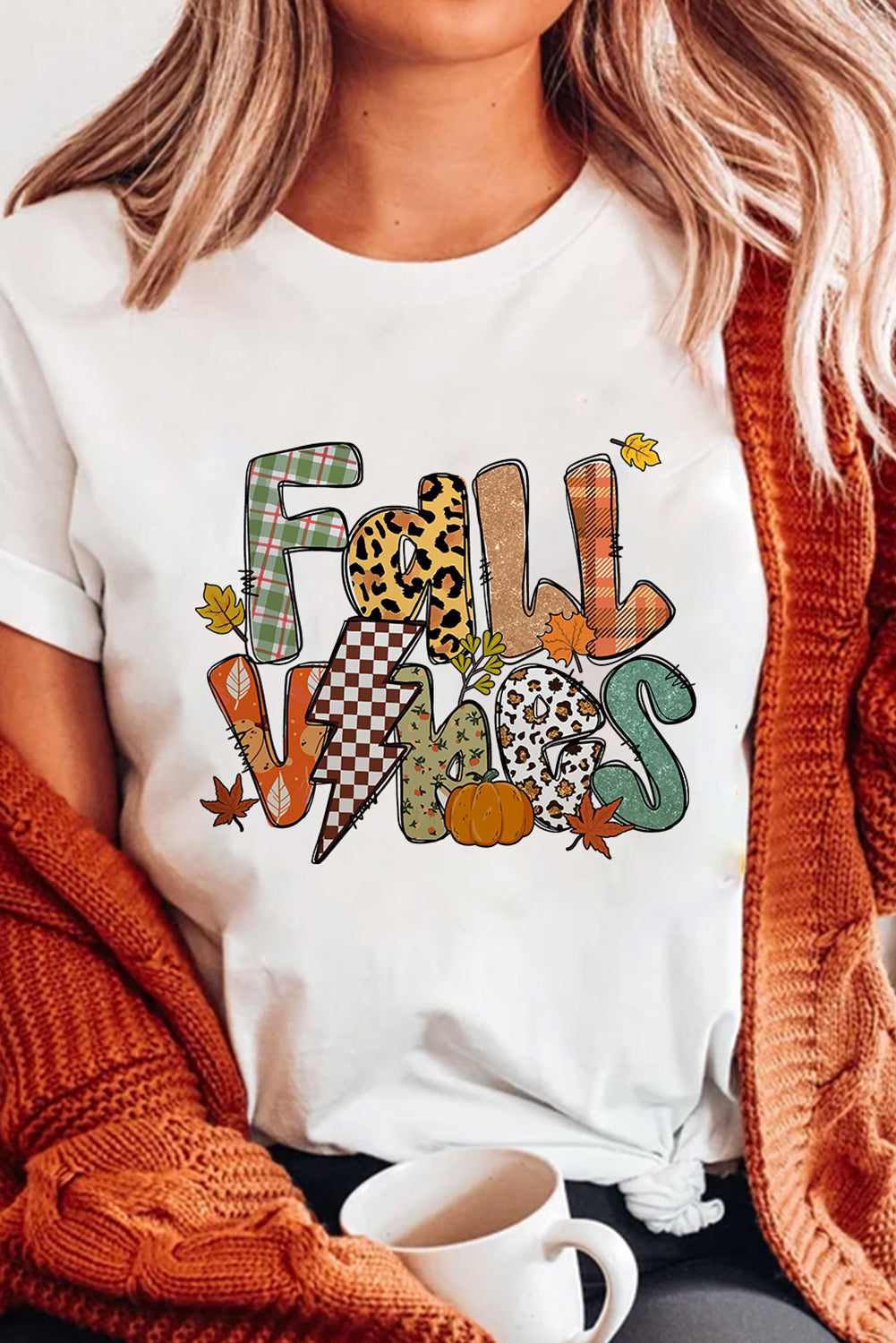 White FALL VIBES Cotton Blend Heat Transfer Printing Casual T Shirt