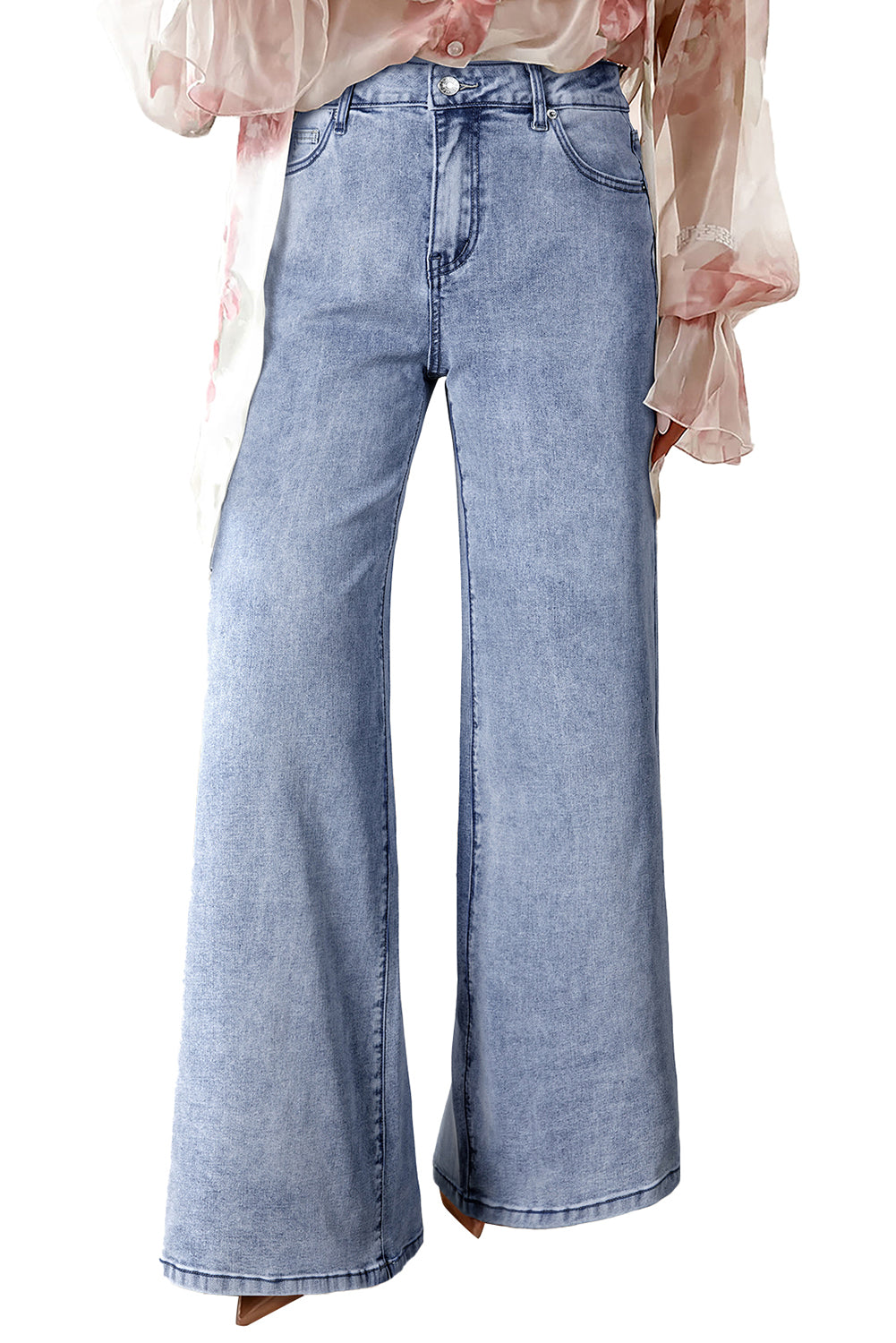 Dirty blue Button Zip High Waist Flared Hem Jeans
