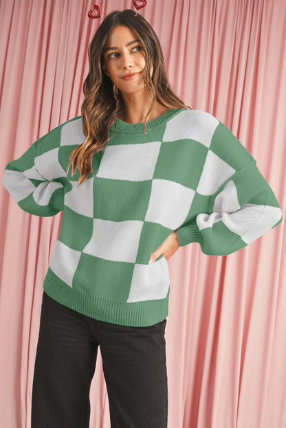 Dark Brown Plaid Bishop Sleeve Pullover Sweater