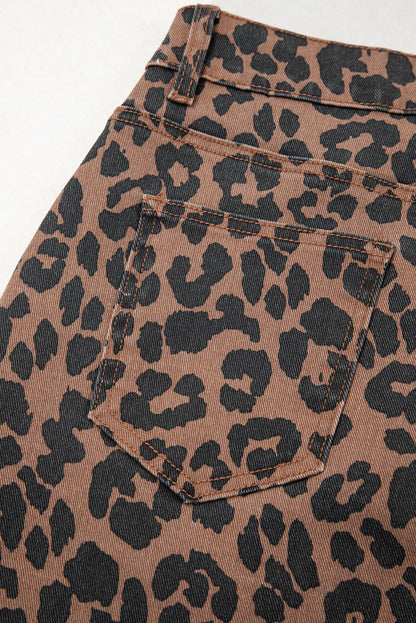 Brown Leopard Frayed Split Denim Midi Skirt