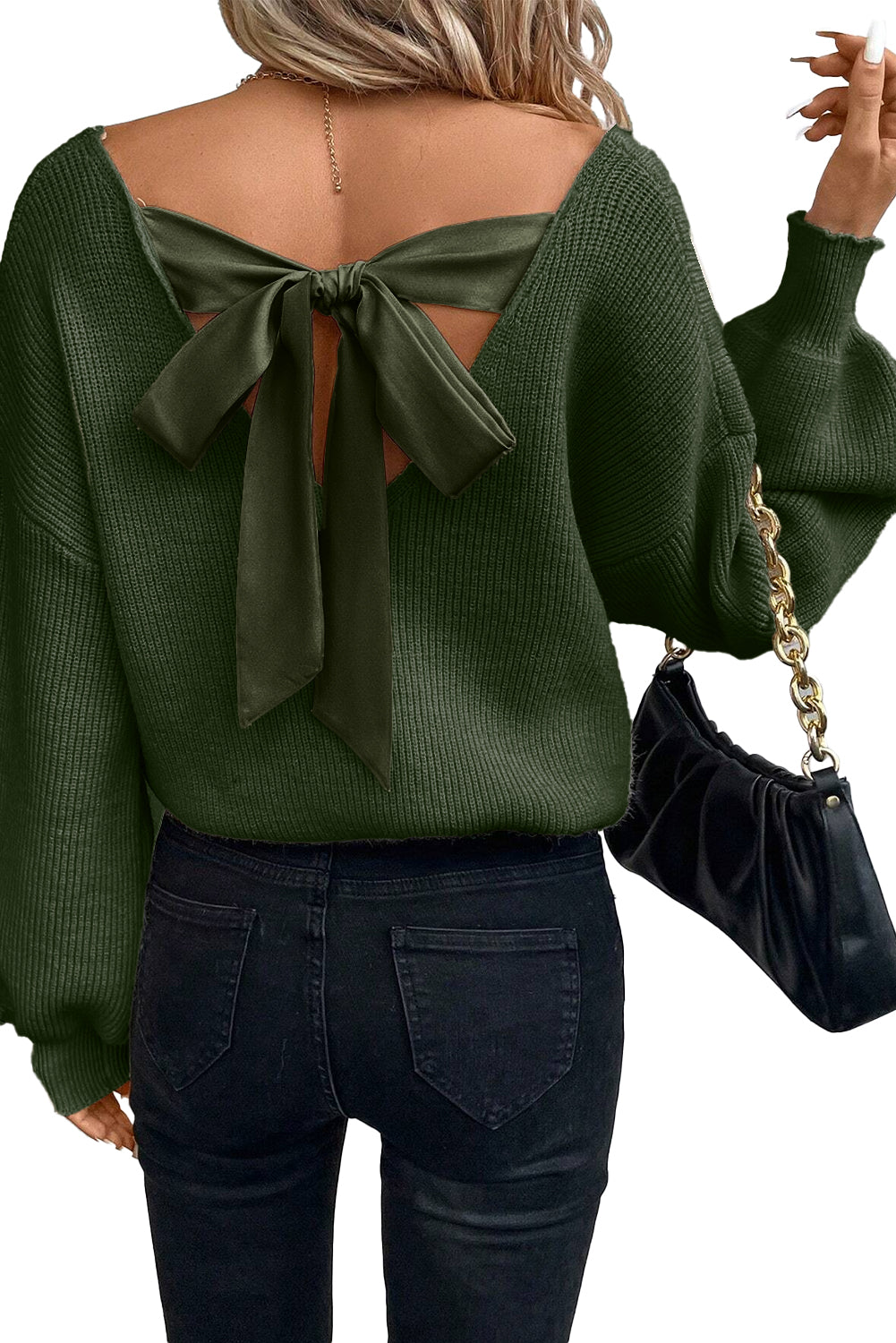 Racing Red Lantern Sleeve V Neck Knot Back Sweater