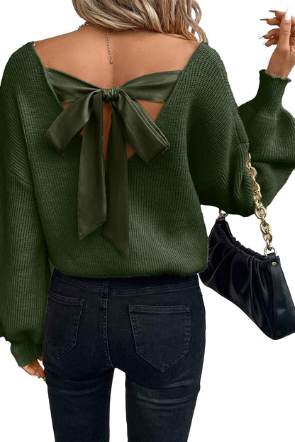 Racing Red Lantern Sleeve V Neck Knot Back Sweater