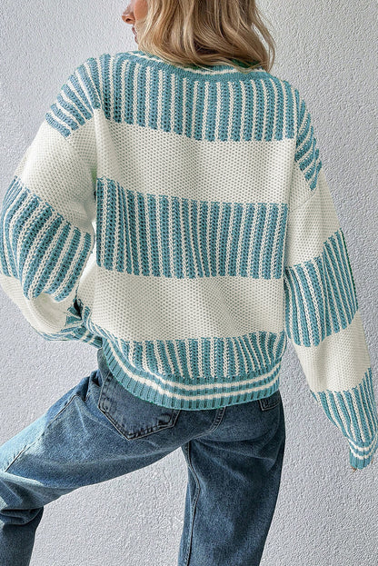Brown Two Tone Striped Patchwork Drop Shoulder Sweater