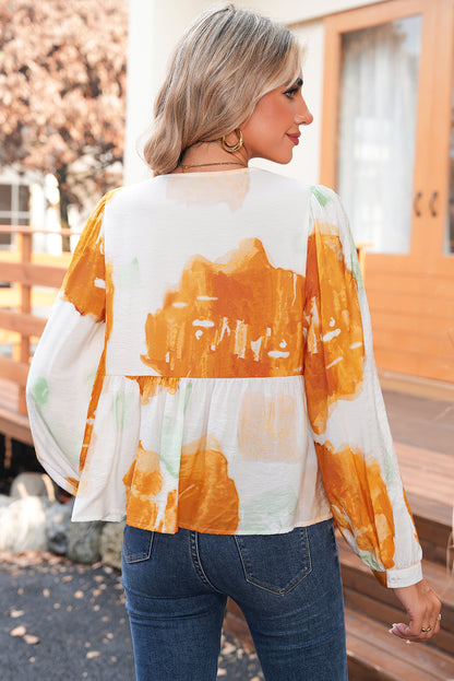 Carrot Abstract Print Bubble Sleeve Bow Front Top