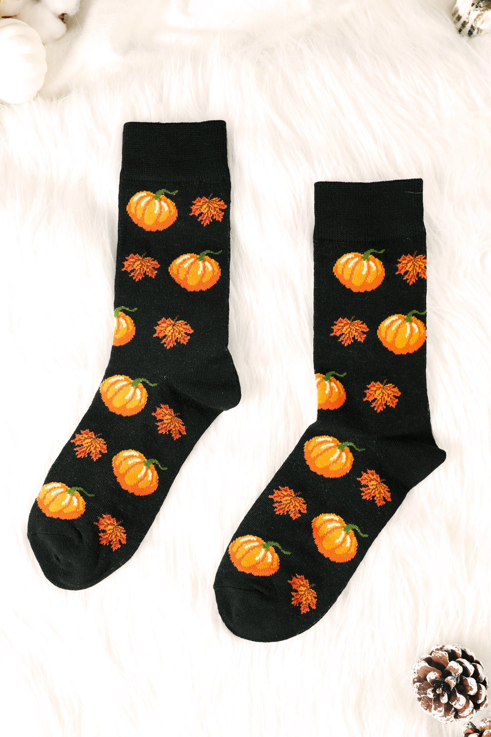 Parchment Pumpkin & Acorn Pattern Combed Cotton Crew Socks