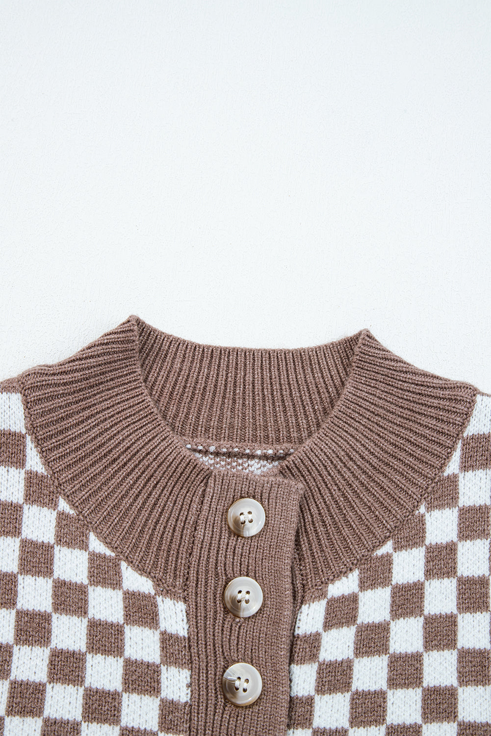Dark Brown Plaid Contrast Trim Button Neck Sweater