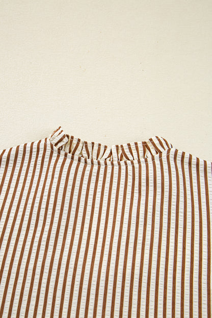 Straw Yellow Striped Frill V Neck Knot Bracelet Sleeve Blouse