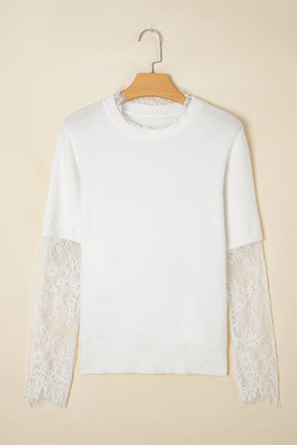 Beige Lace Sleeve Patchwork Faux Two-piece Fuzzy Sweater