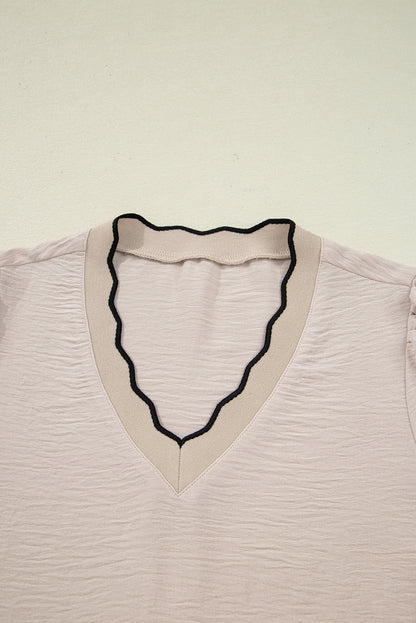 Jet Stream Contrast Scallop Trim V Neck Long Sleeve Top
