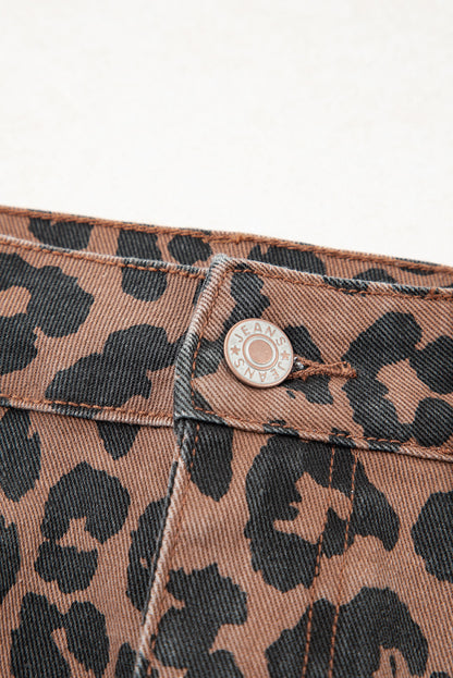 Brown Leopard Frayed Split Denim Midi Skirt
