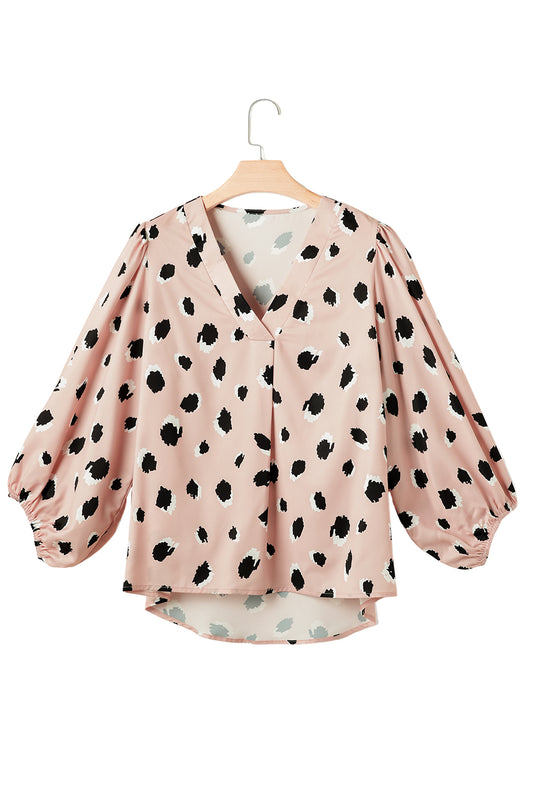 Khaki Leopard V Neck Bracelet Sleeve Blouse