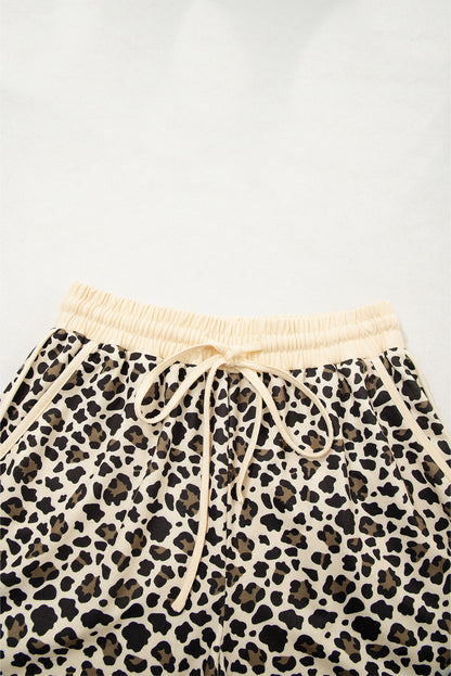 Brown Leopard Print Contrast Trim Two Piece Shorts Set