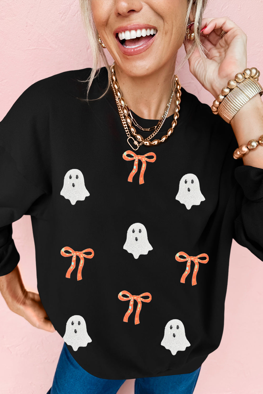 Black Halloween Ghost Bow Sequin Patched Drop Shoulder Sweatshirt