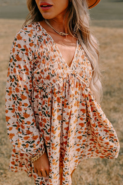 Black Floral Smocked V Neck Bubble Sleeve Babydoll Dress