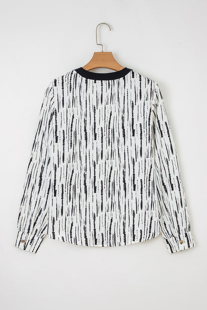 White Abstract Print V-neck Long-sleeve Blouse