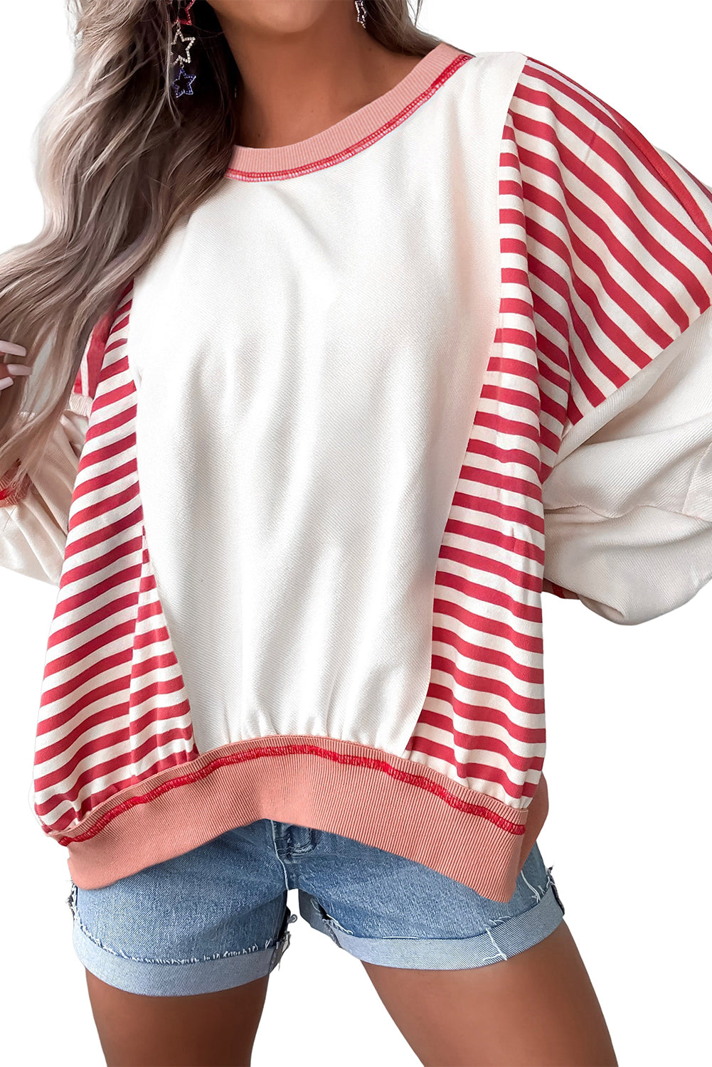 Green Striped Colorblock Patchwork Oversized Sweatshirt