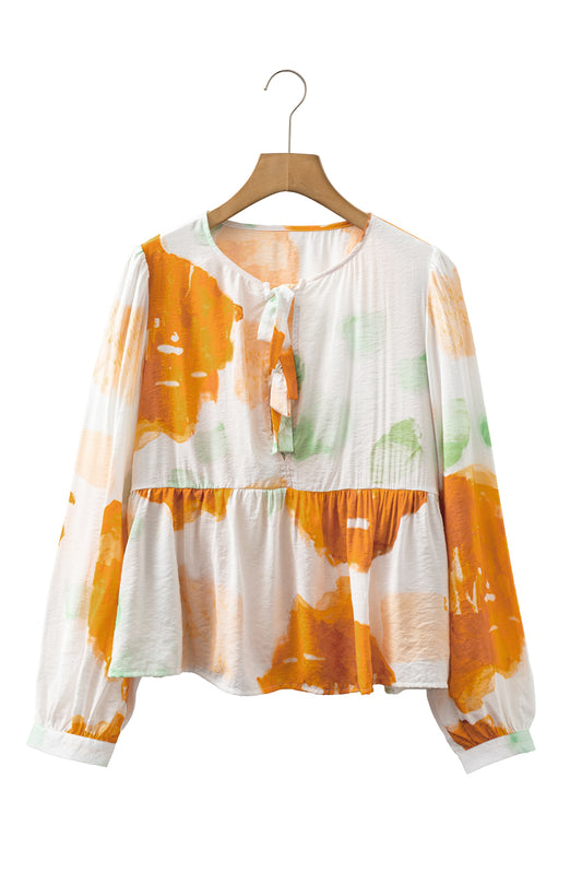 Carrot Abstract Print Bubble Sleeve Bow Front Top