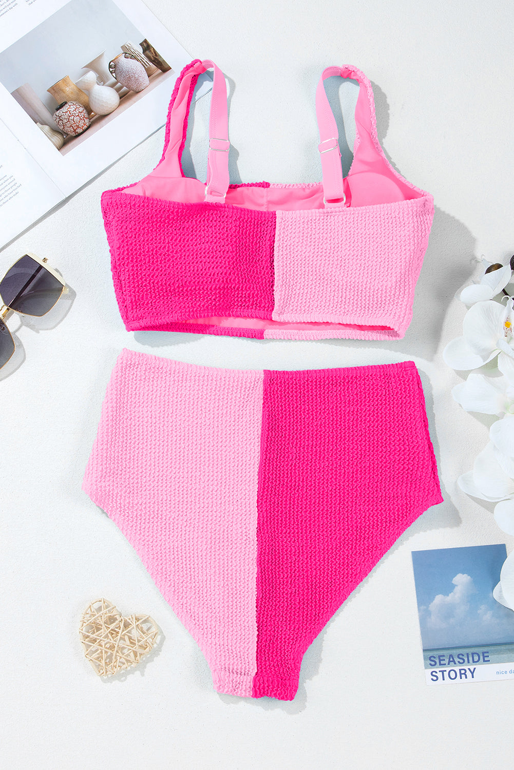 Sky Blue Corded Colorblock Square Neck Bikini Swimsuit