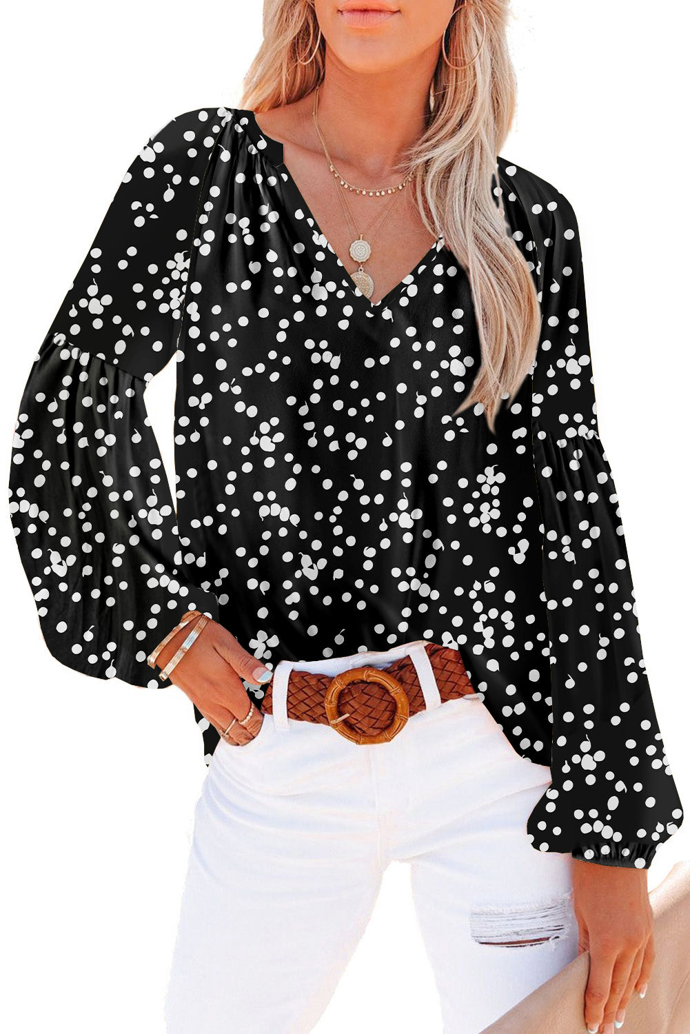 Red Boho Floral Print V Neck Long Sleeve Blouse