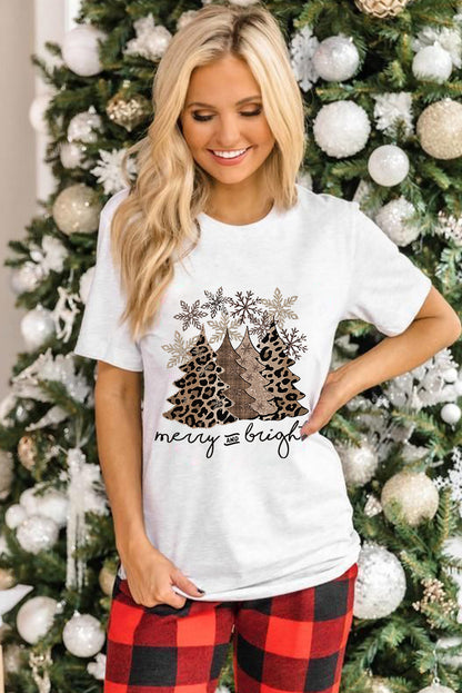 White Leopard Christmas Tree Heat Transfer Printing Crew Neck Graphic Tee