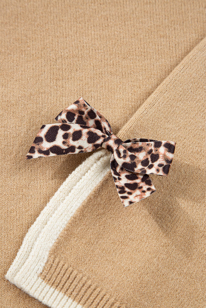 Tan Leopard Bow Decor Split Cuffs Contrast Trim Sweater